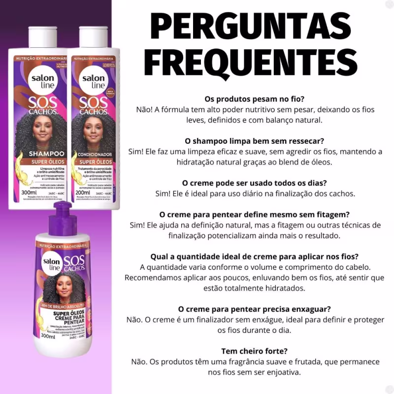 Kit Salon Line SOS Cachos Super Óleos: Shampoo 300ml e Condicionador 200ml + Creme Para Pentear 300ml
