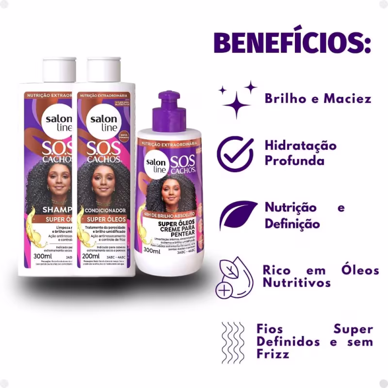 Kit Salon Line SOS Cachos Super Óleos: Shampoo 300ml e Condicionador 200ml + Creme Para Pentear 300ml