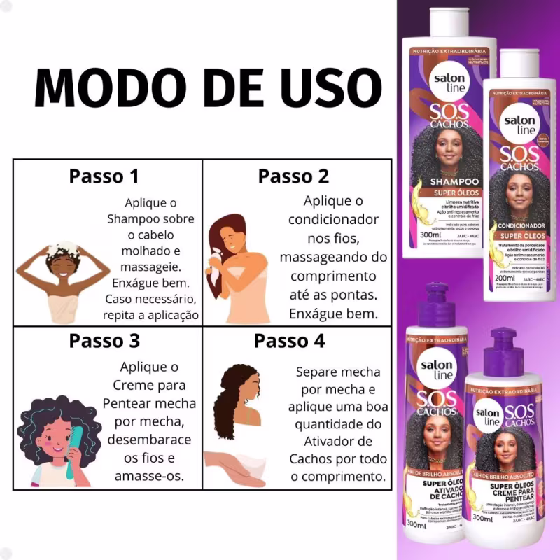 Kit Salon Line SOS Cachos Super Óleos: Shampoo 300ml e Condicionador 200ml + Creme Para Pentear 300ml e Ativador de Cachos 300ml