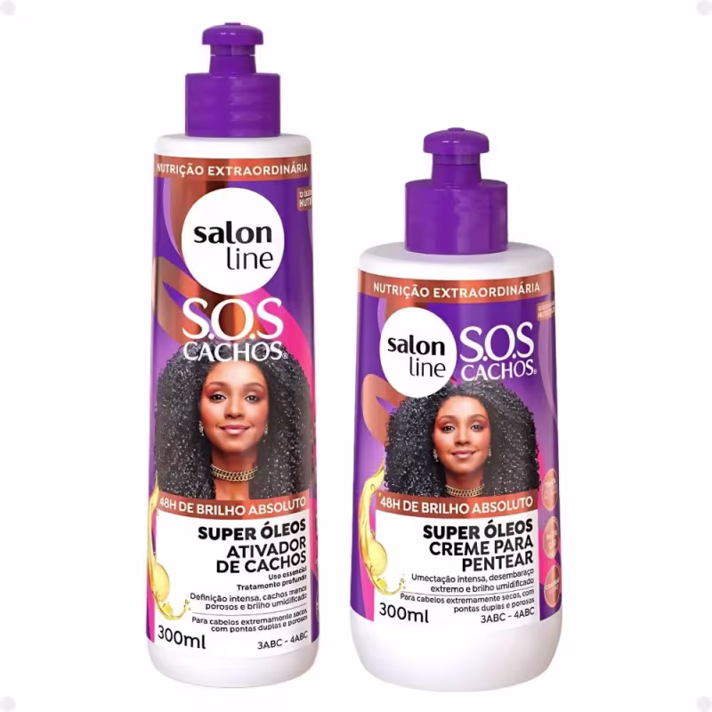 Kit Salon Line SOS Cachos Super Óleos: Shampoo 300ml e Condicionador 200ml + Creme Para Pentear 300ml e Ativador de Cachos 300ml