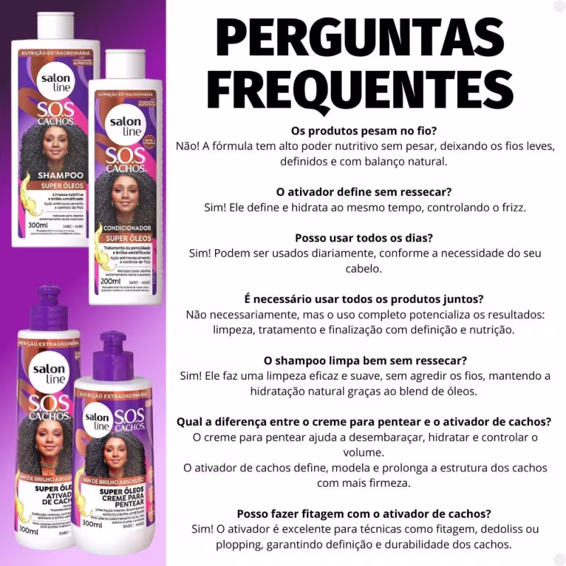 Kit Salon Line SOS Cachos Super Óleos: Shampoo 300ml e Condicionador 200ml + Creme Para Pentear 300ml e Ativador de Cachos 300ml