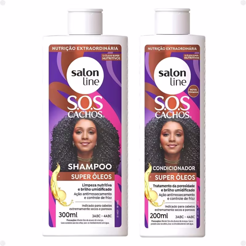 Kit Salon Line SOS Cachos Super Óleos: Shampoo 300ml e Condicionador 200ml + Creme Para Pentear 300ml e Ativador de Cachos 300ml