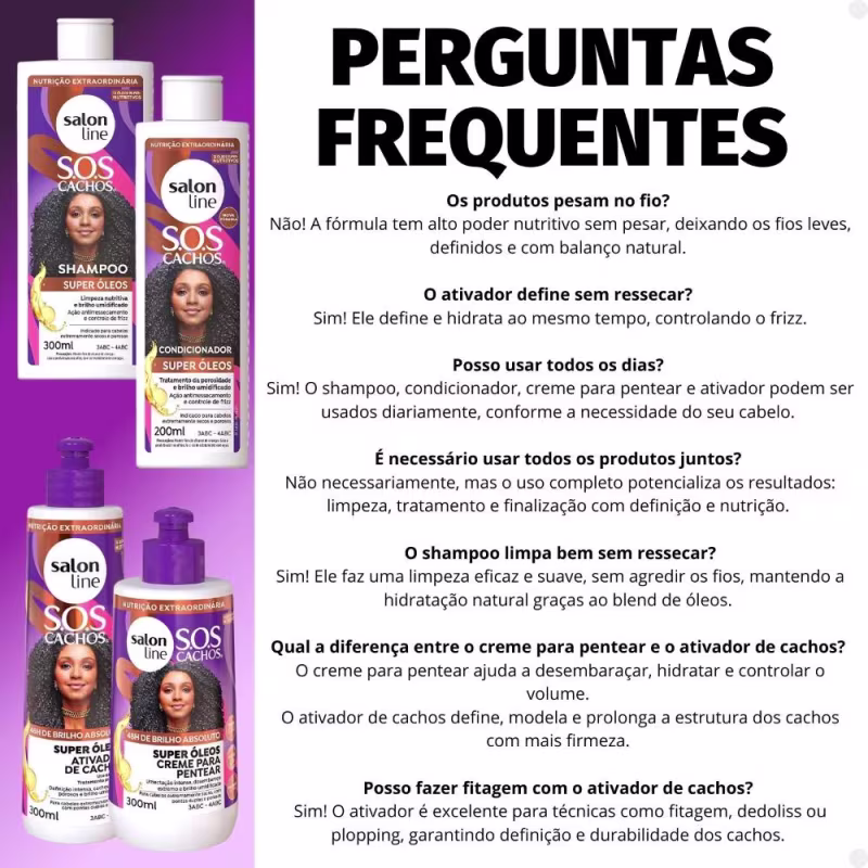 Kit Salon Line SOS Cachos Super Óleos: Shampoo 300ml e Condicionador 200ml + Creme Para Pentear 300ml e Ativador de Cachos 300ml