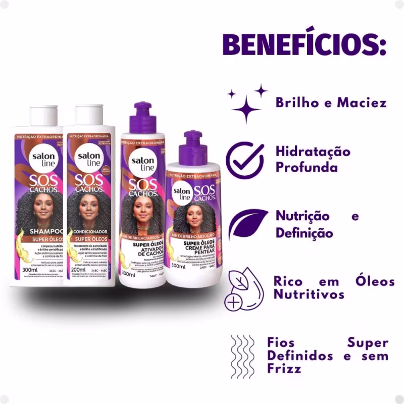 Kit Salon Line SOS Cachos Super Óleos: Shampoo 300ml e Condicionador 200ml + Creme Para Pentear 300ml e Ativador de Cachos 300ml