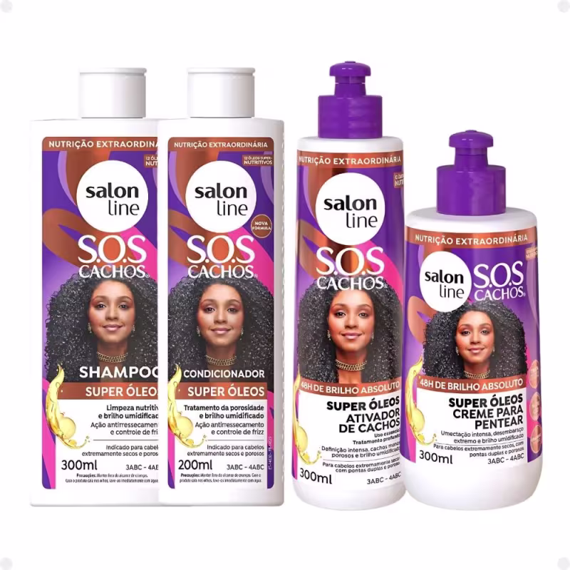 Kit Salon Line SOS Cachos Super Óleos: Shampoo 300ml e Condicionador 200ml + Creme Para Pentear 300ml e Ativador de Cachos 300ml