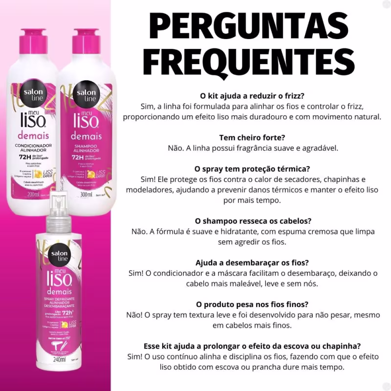 Kit Salon Line Meu Liso Demais Alinhador: Shampoo 300ml e Condicionador 200ml + Spray Defrizante Desembaraçante 240ml