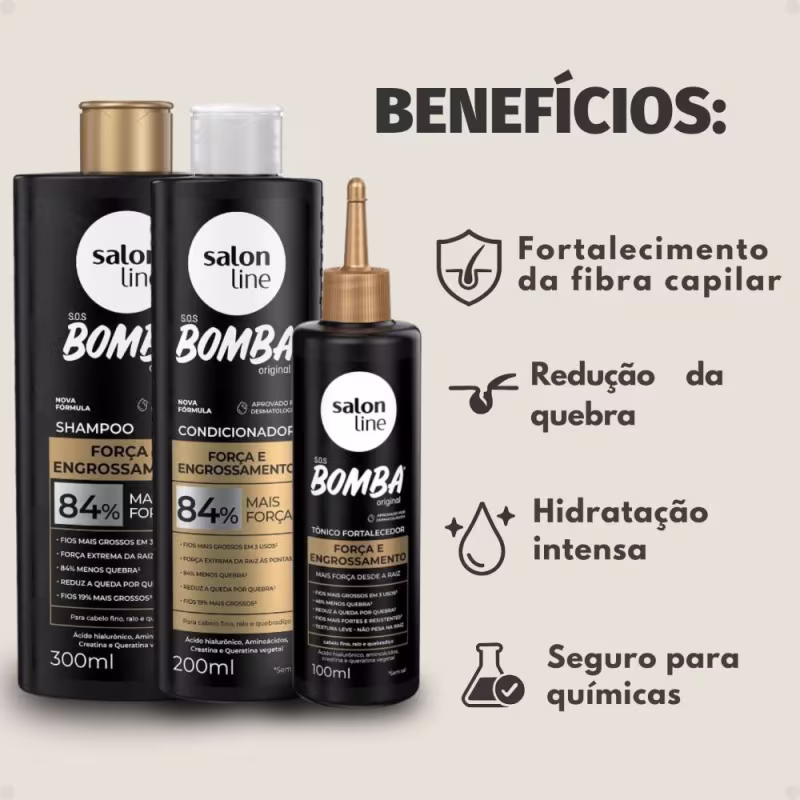 Kit Salon Line SOS Bomba Força e Engrossamento: Shampoo 300ml e Condicionador 200ml + Tônico Fortalecedor 100ml