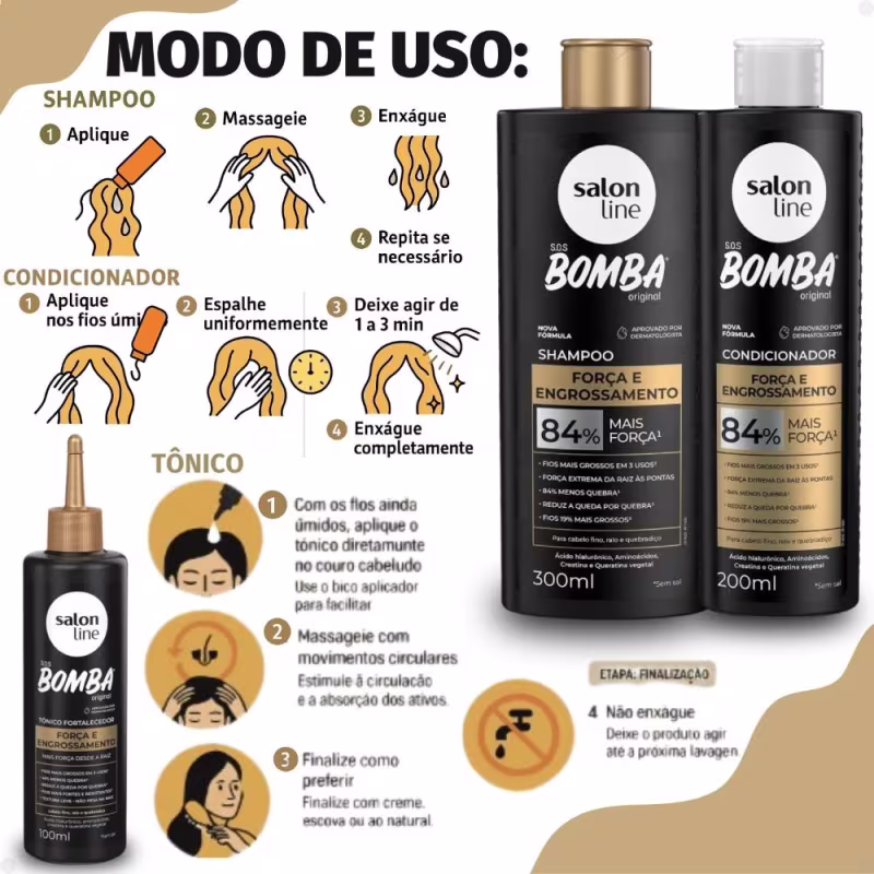 Kit Salon Line SOS Bomba Força e Engrossamento: Shampoo 300ml e Condicionador 200ml + Tônico Fortalecedor 100ml