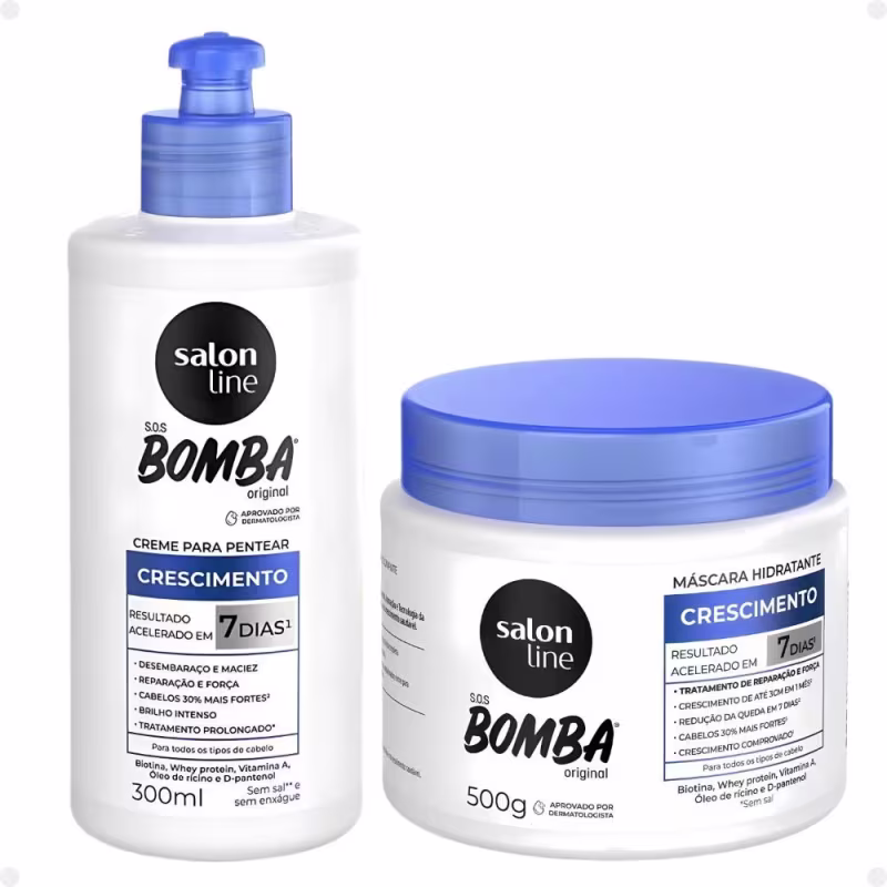 Kit Salon Line SOS Bomba Crescimento Capilar: Shampoo 300ml e Condicionador 200ml + Máscara Hidratante 500g e Creme Para Pentear 300ml