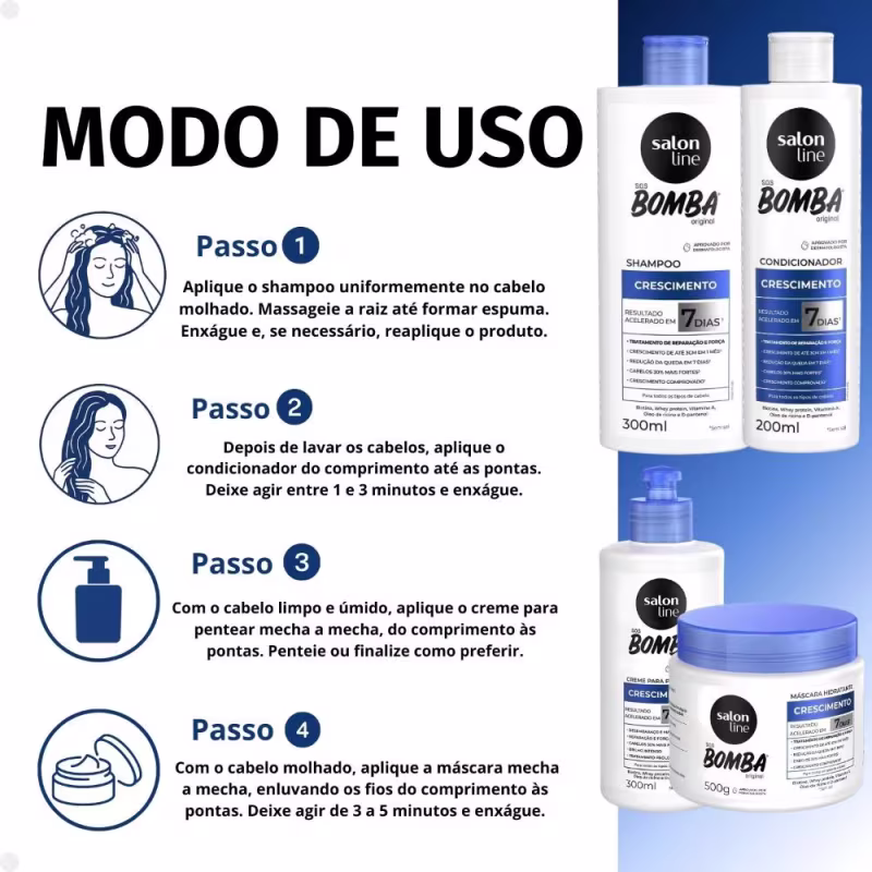 Kit Salon Line SOS Bomba Crescimento Capilar: Shampoo 300ml e Condicionador 200ml + Máscara Hidratante 500g e Creme Para Pentear 300ml