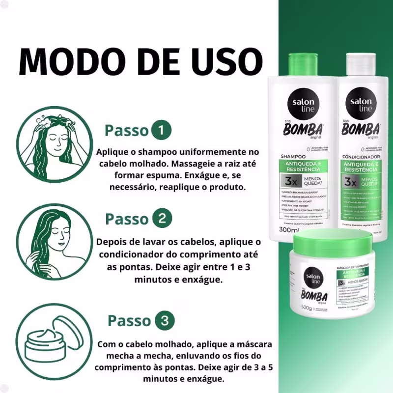 Kit Salon Line SOS Bomba Antiqueda e Resistência: Shampoo 300ml e Condicionador 200ml + Máscara de Tratamento 500g