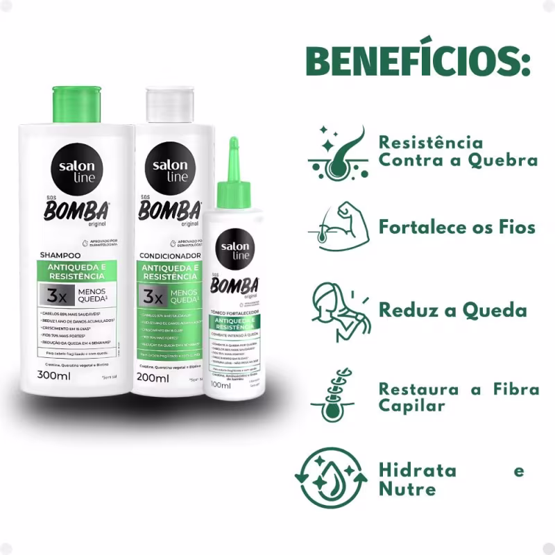 Kit Salon Line SOS Bomba Antiqueda e Resistência: Shampoo 300ml e Condicionador 200ml + Tônico Fortalecedor 100ml