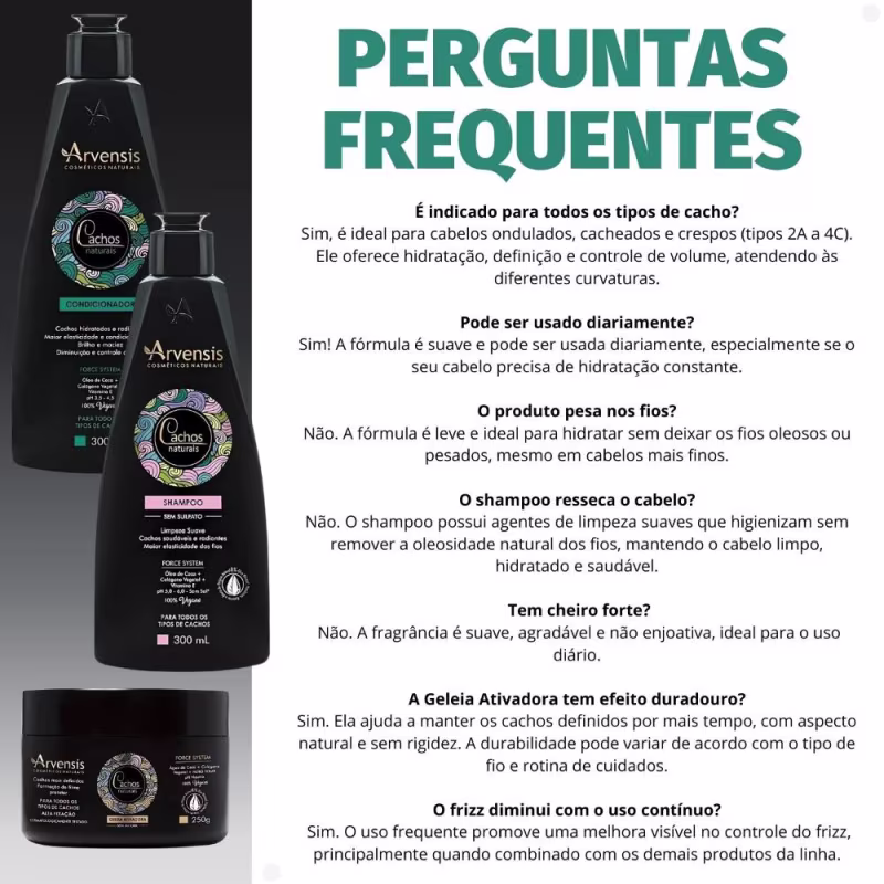 Kit Arvensis Cachos Naturais: Shampoo 300ml, Condicionador 300ml e Geleia Ativadora 250g