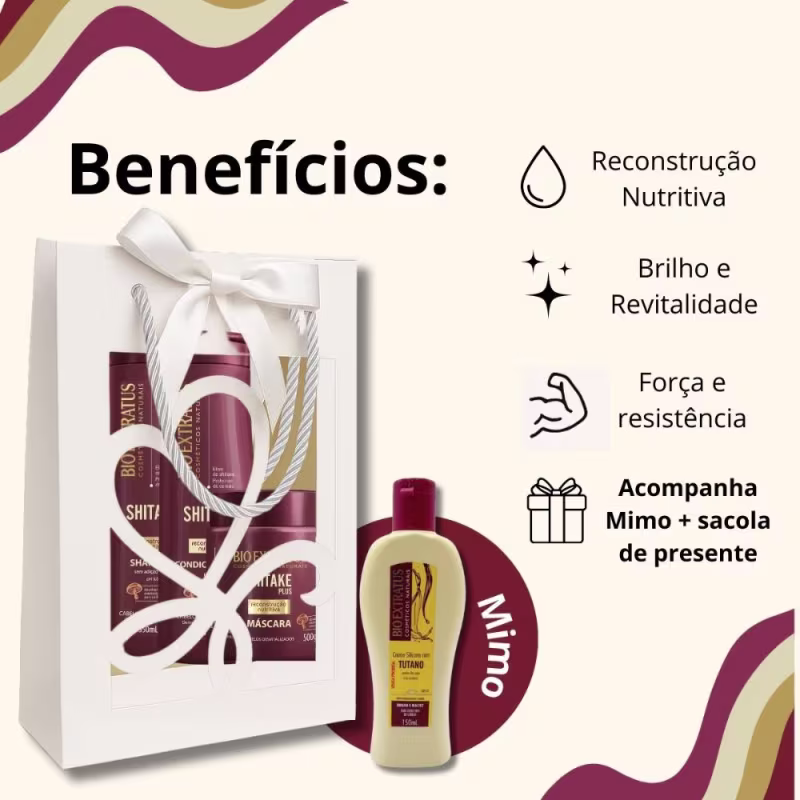 Kit Presente Bio Extratus Shitake Plus: Shampoo, Condicionador 350ml, Máscara 500g + Mimo Creme Silicone 150ml