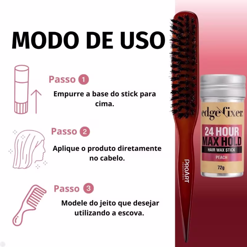 Kit Cera Fixadora de Cabelo Edge Fixer Kiss New York: Original e Pêssego + Escova para Acabamento e Penteado ProArt