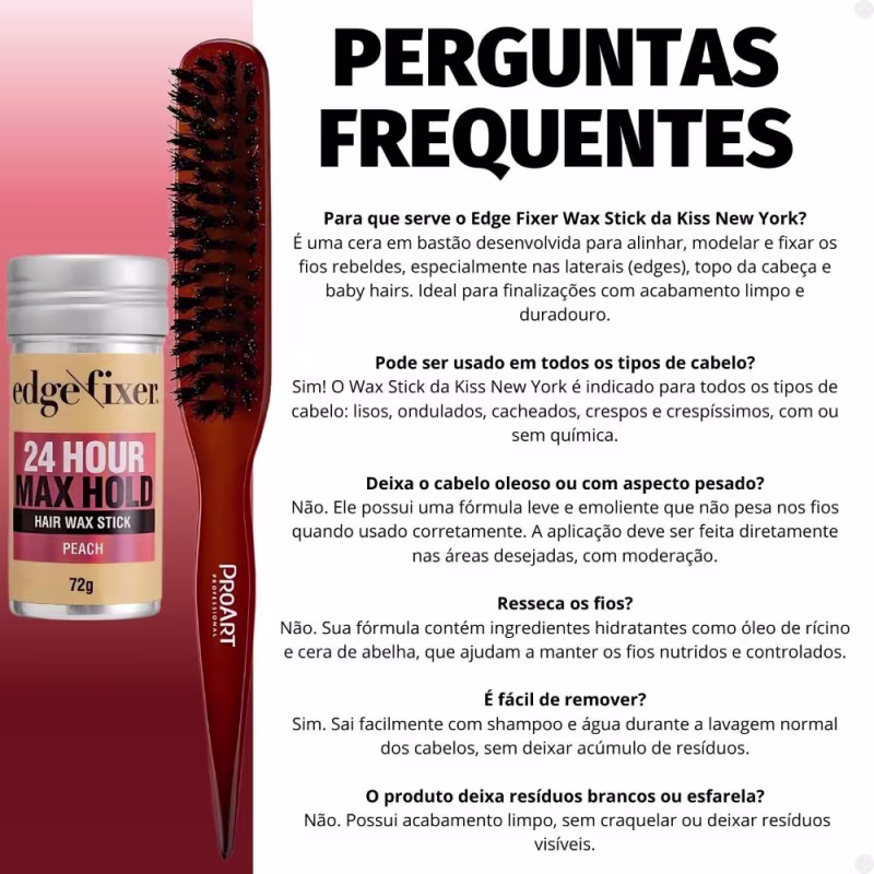 Kit Cera Fixadora de Cabelo Edge Fixer Kiss New York: Original e Pêssego + Escova para Acabamento e Penteado ProArt