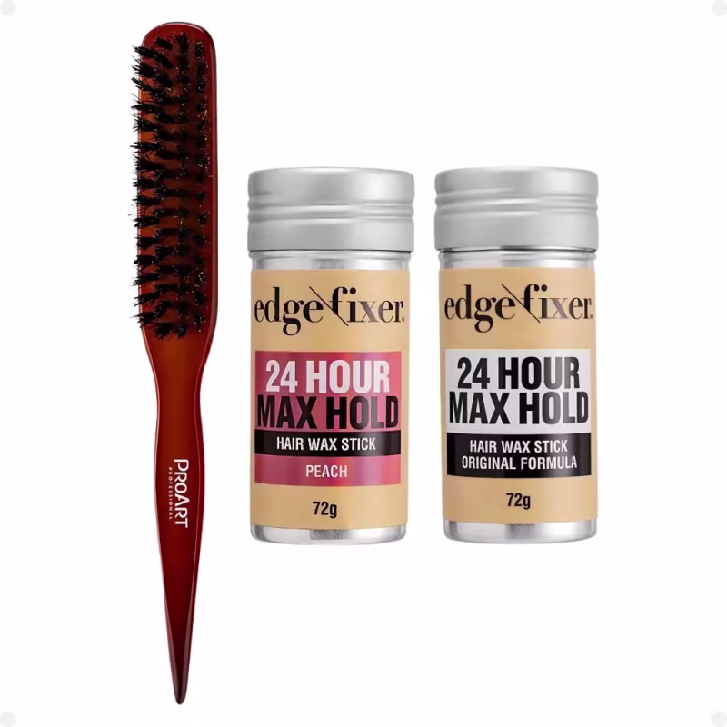 Kit Cera Fixadora de Cabelo Edge Fixer Kiss New York: Original e Pêssego + Escova para Acabamento e Penteado ProArt