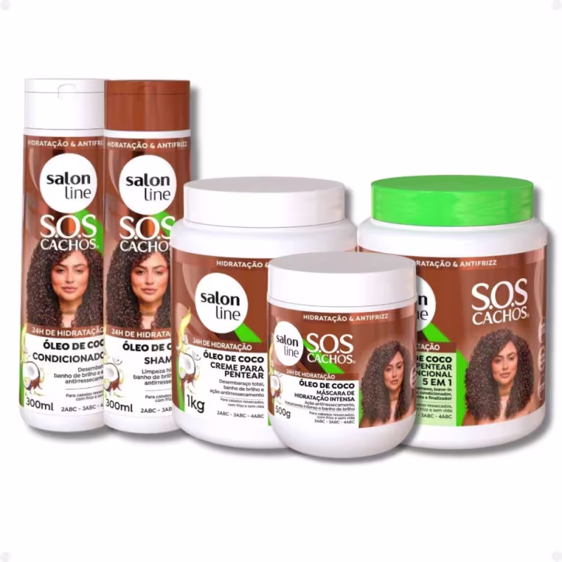 Kit Salon Line SOS Cachos Óleo De Coco: Shampoo, Condicionador, Máscara, Ativador E Creme 5 Em 1