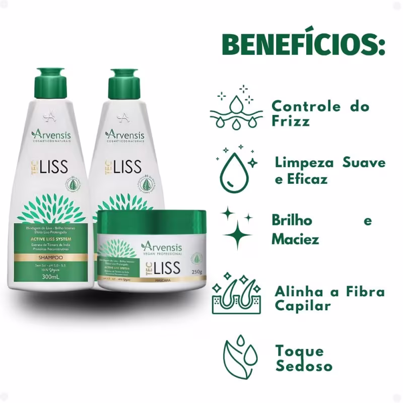 Kit Arvensis Tec Liss: Shampoo 300ml, Condicionador 300ml e Máscara 250g