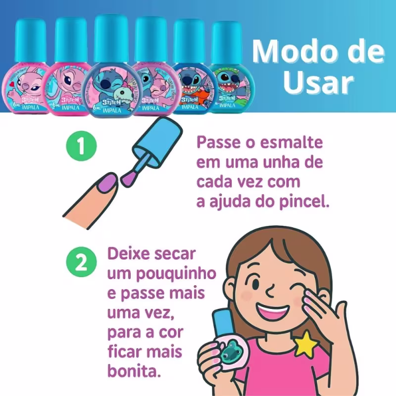 Kit Impala Disney Stitch 6 Esmaltes: Aloha, Brilho Angelical, Ohana Quer Família, Experiência 626, Nunca Abandonar, Amizade de Outro Planeta