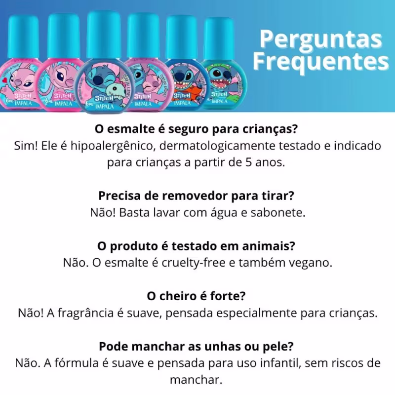 Kit Impala Disney Stitch 6 Esmaltes: Aloha, Brilho Angelical, Ohana Quer Família, Experiência 626, Nunca Abandonar, Amizade de Outro Planeta