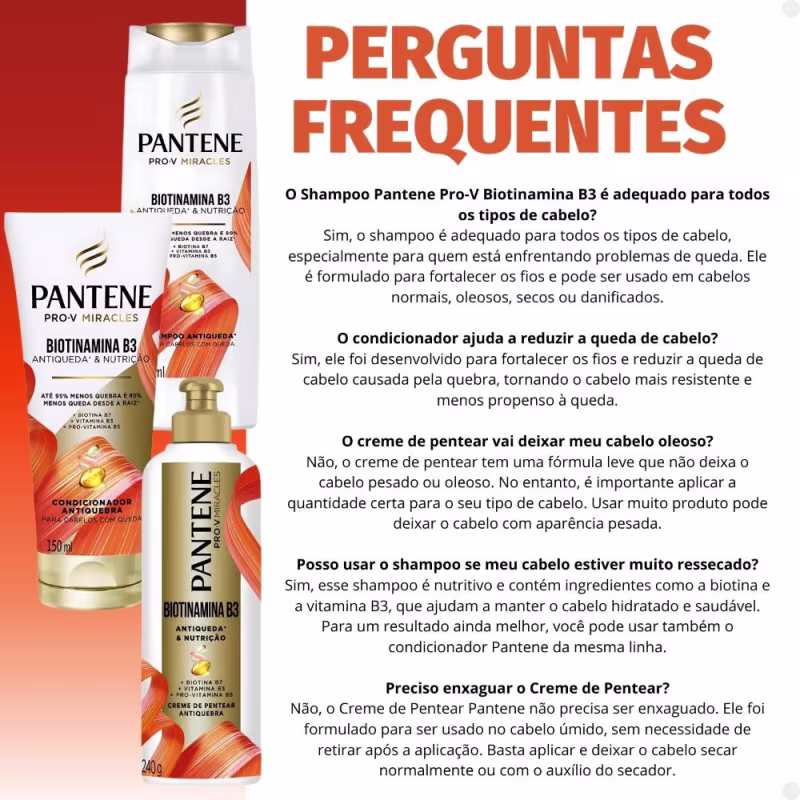 Kit Pantene Biotinamina B3 Antiqueda e Nutrição: Shampoo 175ml e Condicionador 150ml+ Creme de Pentear 240g