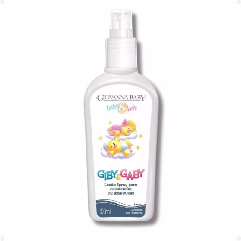 Frasco branco de 150ml da linha Giby Gaby da Giovanna Baby, com bomba de spray, contendo ilustrações de patinhos amarelos e texto indicando ser um loção spray para prevenção de assaduras.