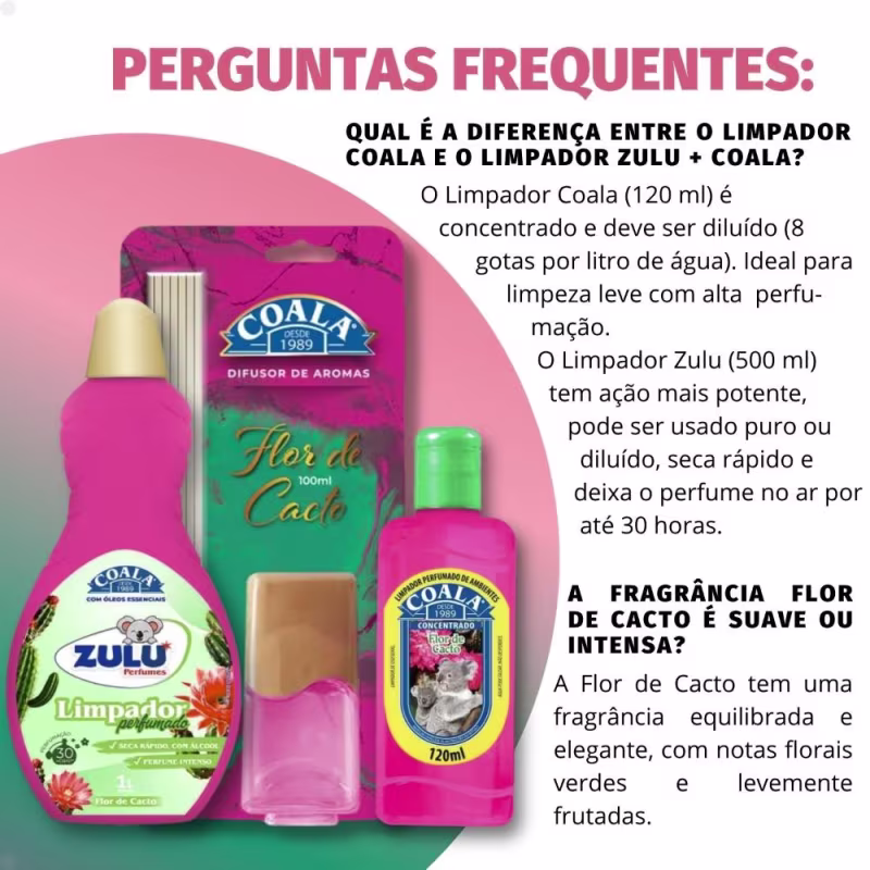 Kit Coala Zulu Perfumes Flor De Cacto: Difusor De Aromas 100ml, Limpador Perfumado 120ml E Limpador Perfumado 500ml