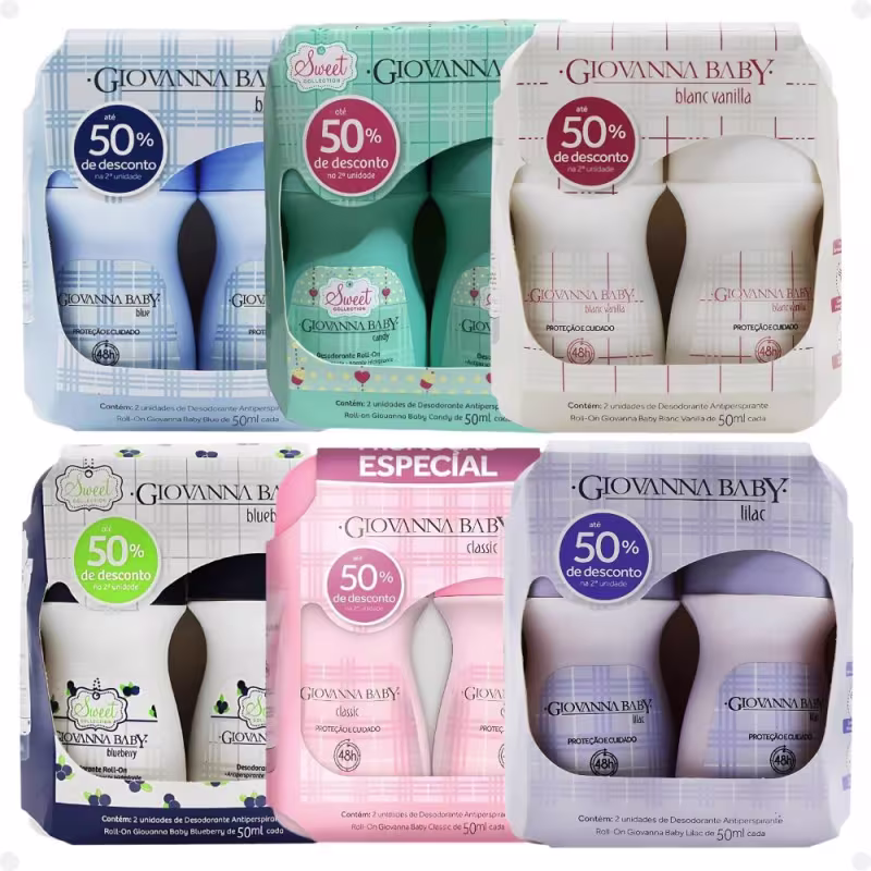 Kit Giovanna Baby 12 Desodorantes Roll-On: Blue, Candy, Blanc Vanilla, Blueberry, Classic e Lilac