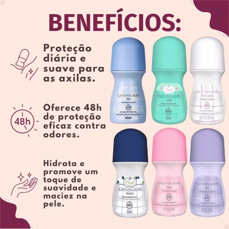 Kit Giovanna Baby 12 Desodorantes Roll-On: Blue, Candy, Blanc Vanilla, Blueberry, Classic e Lilac