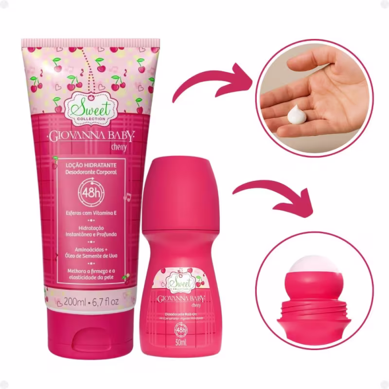 Kit Giovanna Baby Cherry: 2 Desodorantes Roll-on e 1 Loção Hidratante