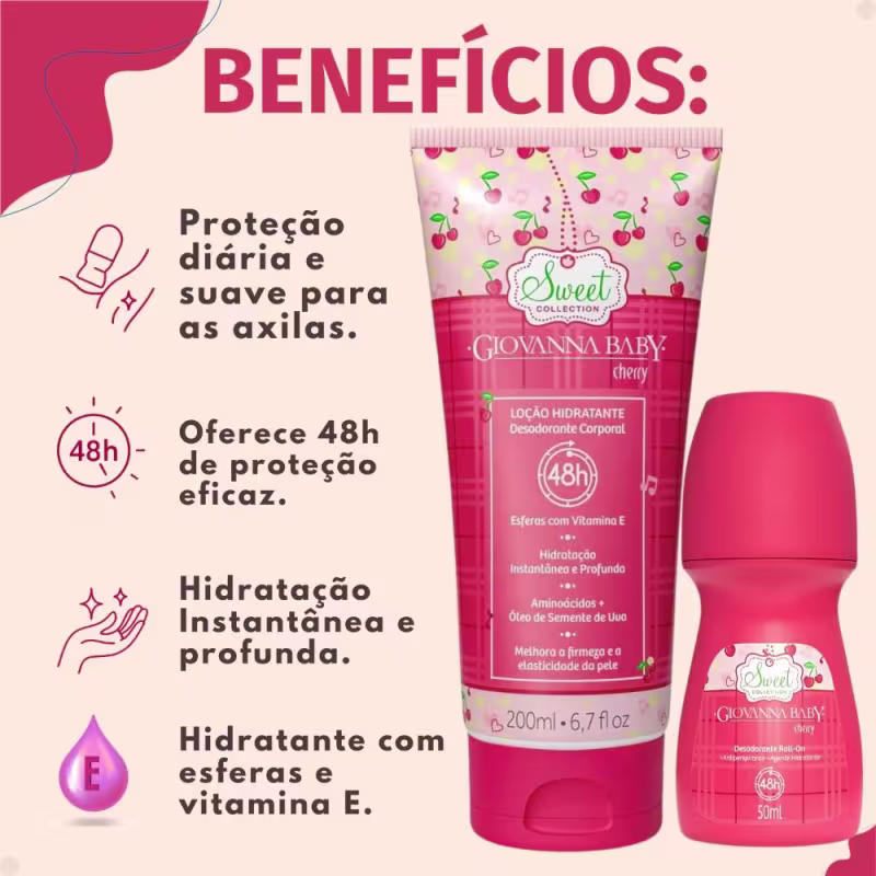 Kit Giovanna Baby Cherry: 2 Desodorantes Roll-on e 1 Loção Hidratante