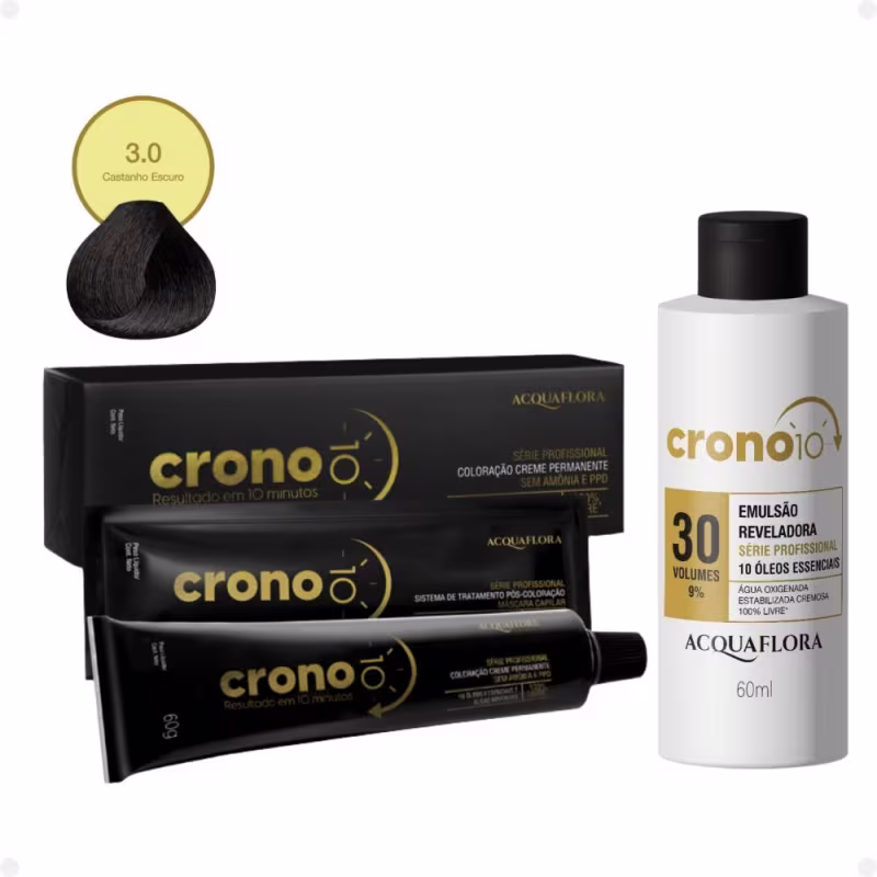 Caixa preta com rótulo "Crono" contendo tubos de coloração creme permanente da marca Acquaflora, acompanhada de emulsão reveladora em frasco branco com rótulo "Crono 10".