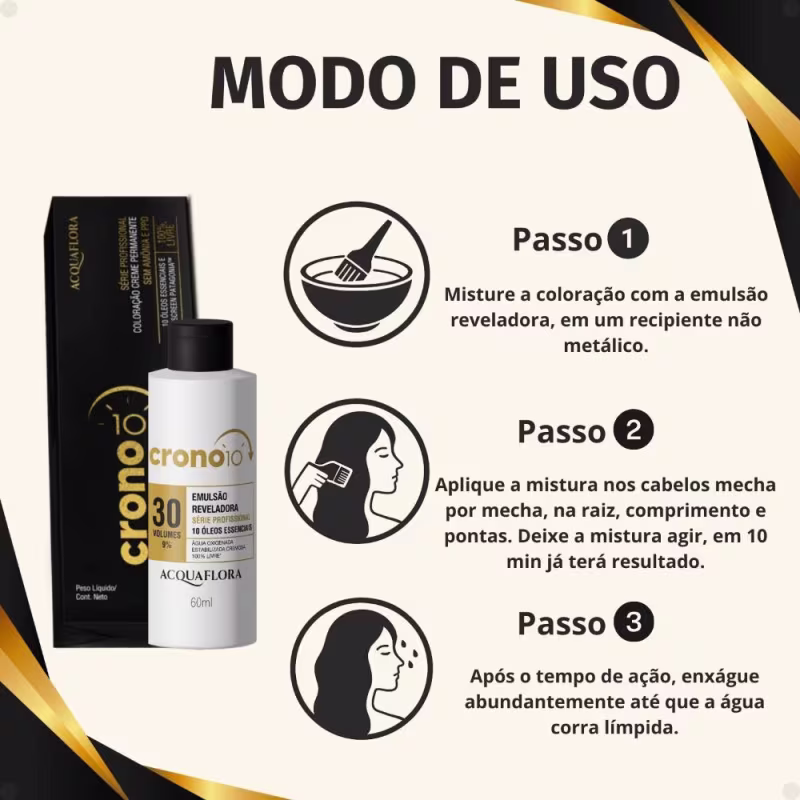 Kit Acquaflora Crono 10: Coloração 3.0 Castanho Escuro + Emulsão Reveladora 30 Volumes (2 Produtos)