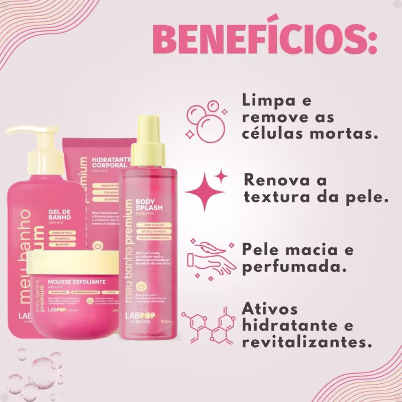 Kit LabPop by Labotrat Belle Pink: Gel de Banho, Mousse Esfoliante, Hidratante Corporal e Body Splash