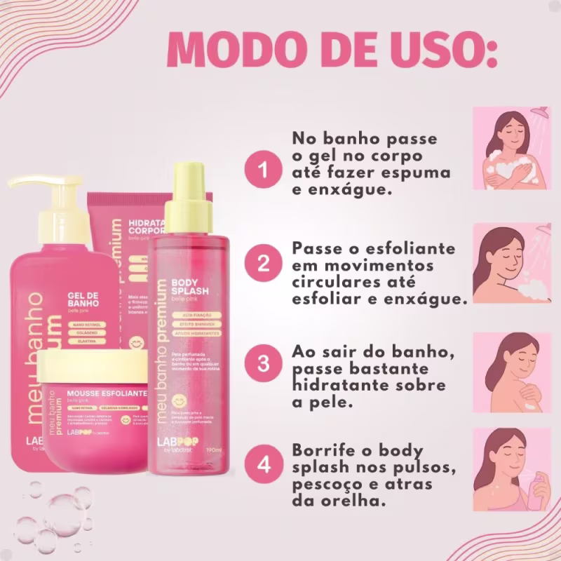 Kit LabPop by Labotrat Belle Pink: Gel de Banho, Mousse Esfoliante, Hidratante Corporal e Body Splash