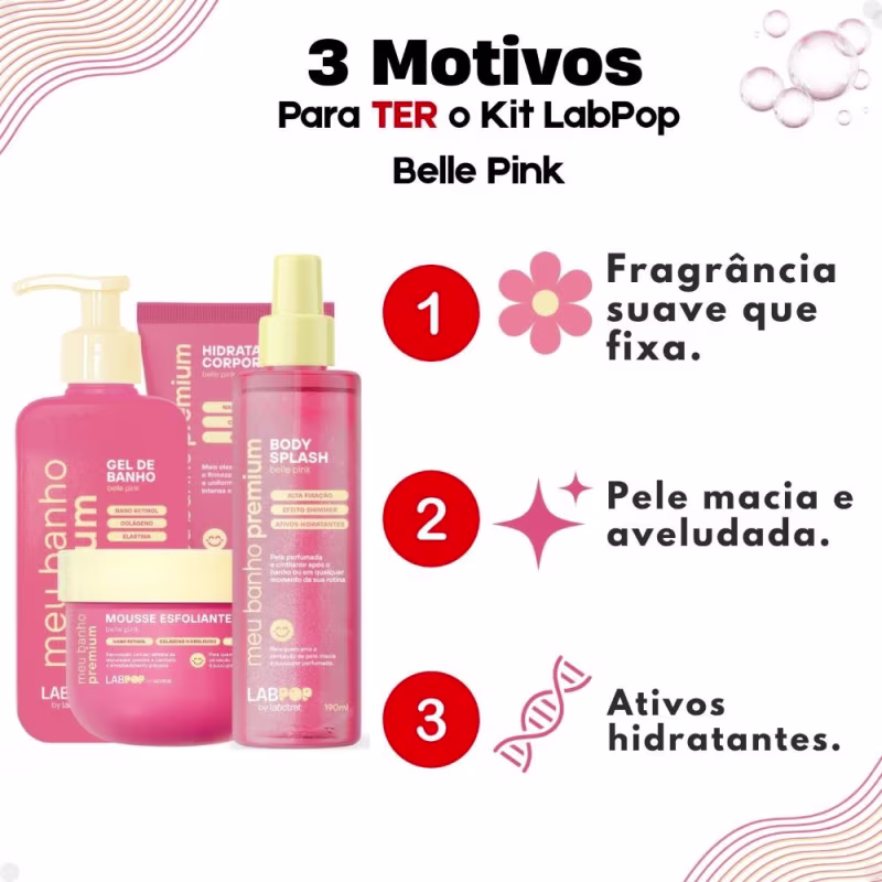 Kit LabPop by Labotrat Belle Pink: Gel de Banho, Mousse Esfoliante, Hidratante Corporal e Body Splash