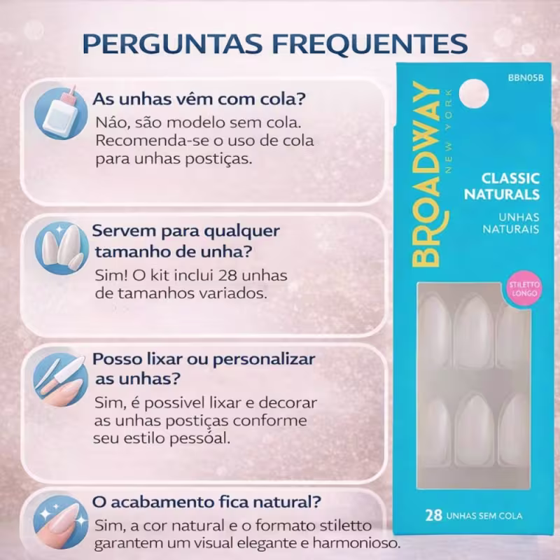 Unhas Postiças Broadway Kiss Ny Classic Naturals Stiletto Longo Power Bbn05b