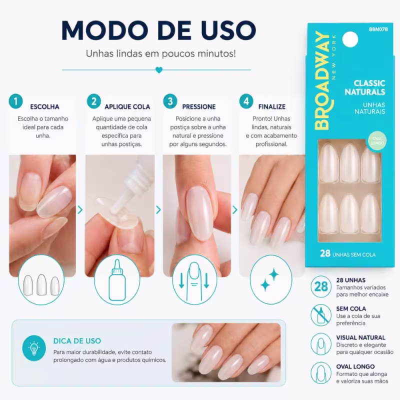 Unhas Postiças Kiss  Broadway Classic Naturals Oval Longo Com 28 Unidades Bbn07b