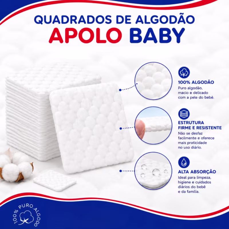 Quadrados de Algodão Apolo Baby Com 70 Unidades