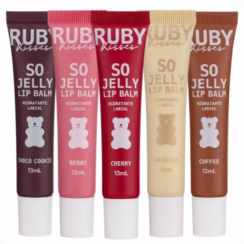 Kit Ruby Kisses So Jelly Lip Balm: Cherry, Coffee, Berry, Vanilla e Choco Cookie