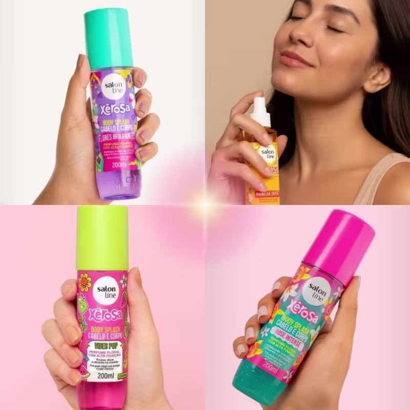 Kit Salon Line Body Splash Cabelo e Corpo Xêrosa: Baunilha Doce, Vibes Pop, Rose Intense e Flores Brilhantes 200ml