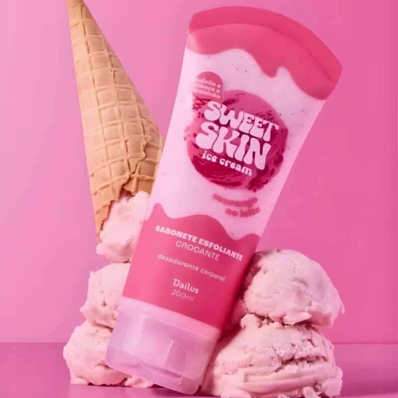 Sabonete Esfoliante Crocante Corporal Dailus Sweet Skin Ice Cream Morango Ao Leite 200ml