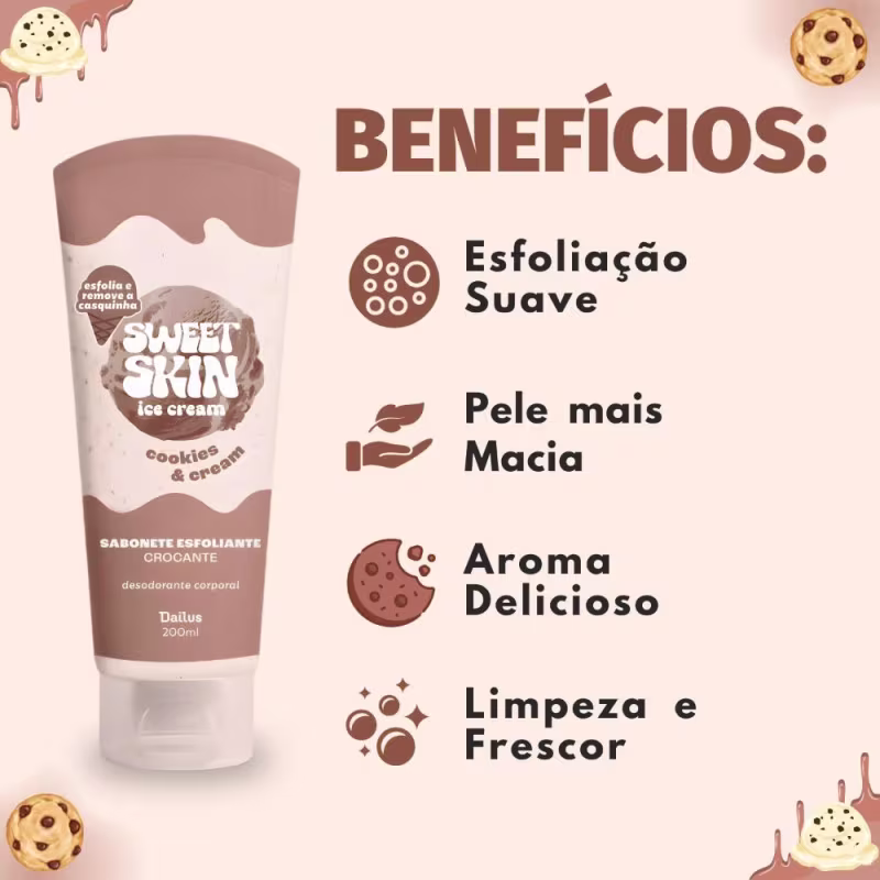 Sabonete Esfoliante Crocante Corporal Dailus Sweet Skin Ice Cream Cookies e Cream 200ml