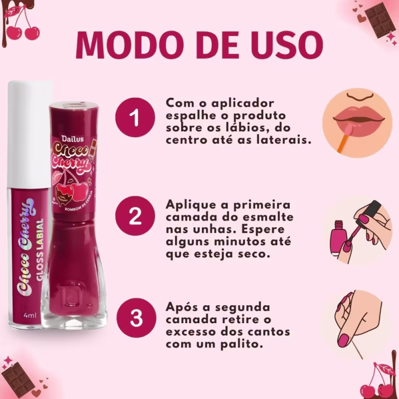 Kit Dailus Choco Cherry Bombom De Cereja: Gloss Labial 4ml e Esmalte Cremoso 8ml
