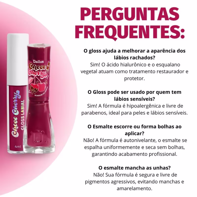 Kit Dailus Choco Cherry Bombom De Cereja: Gloss Labial 4ml e Esmalte Cremoso 8ml
