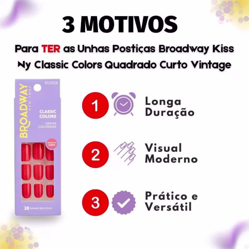 Unhas Postiças Broadway Kiss Ny Classic Colors Quadrado Curto Vintage Bco05b