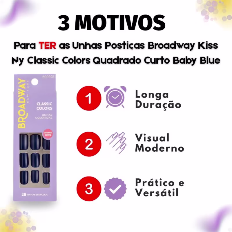 Unhas Postiças Broadway Kiss Ny Classic Colors Quadrado Curto Baby Blue Bco02b
