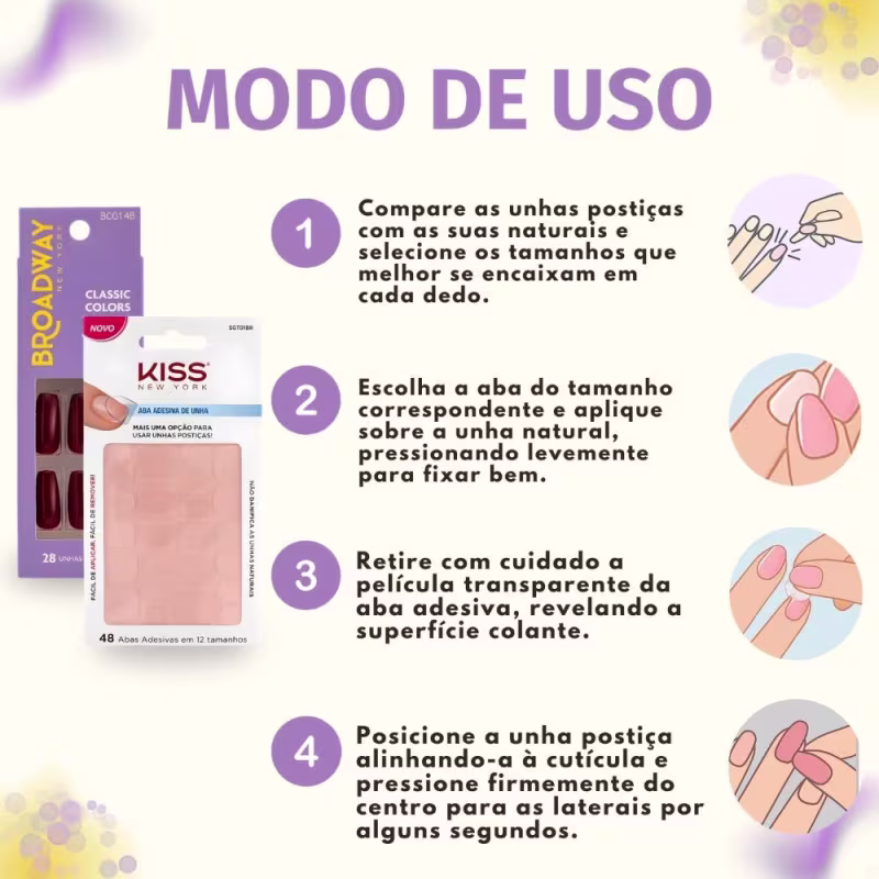 Kit Kiss New York: Unhas Postiças Bailarina Longo Lavender e Abas Adesivas Unhas