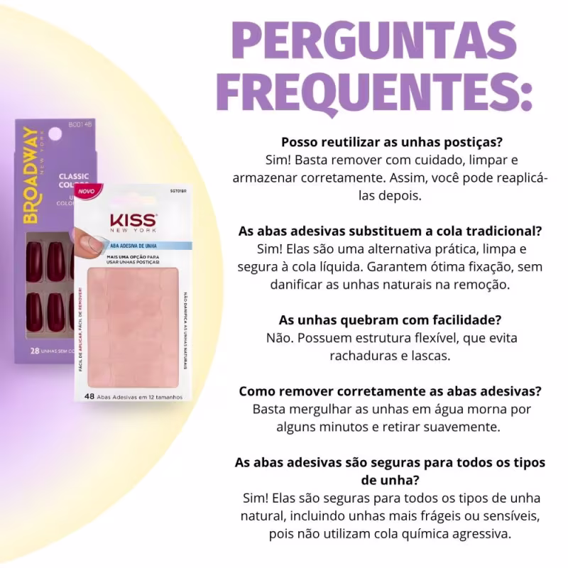 Kit Kiss New York: Unhas Postiças Bailarina Longo Lavender e Abas Adesivas Unhas
